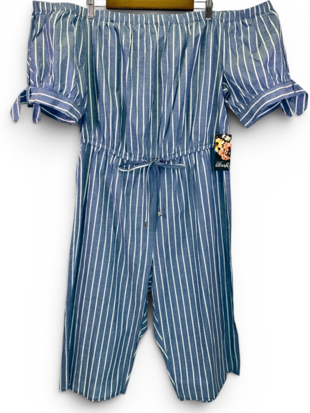 Blush Womens Off Shoulder Blue White Striped Beachy Jumpsuit Plus 2X NWT